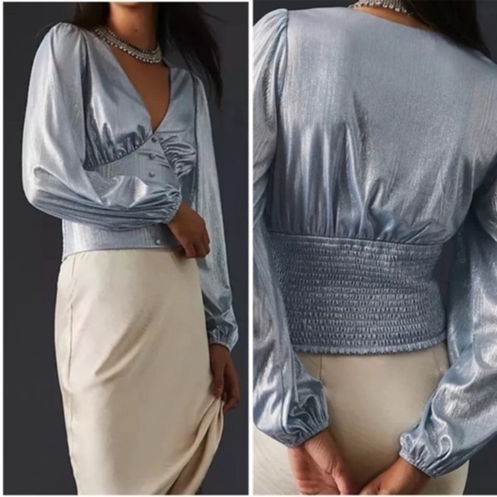 Anthropologie Flat White Shine Blue Iridescent Blouse Size XS NWT